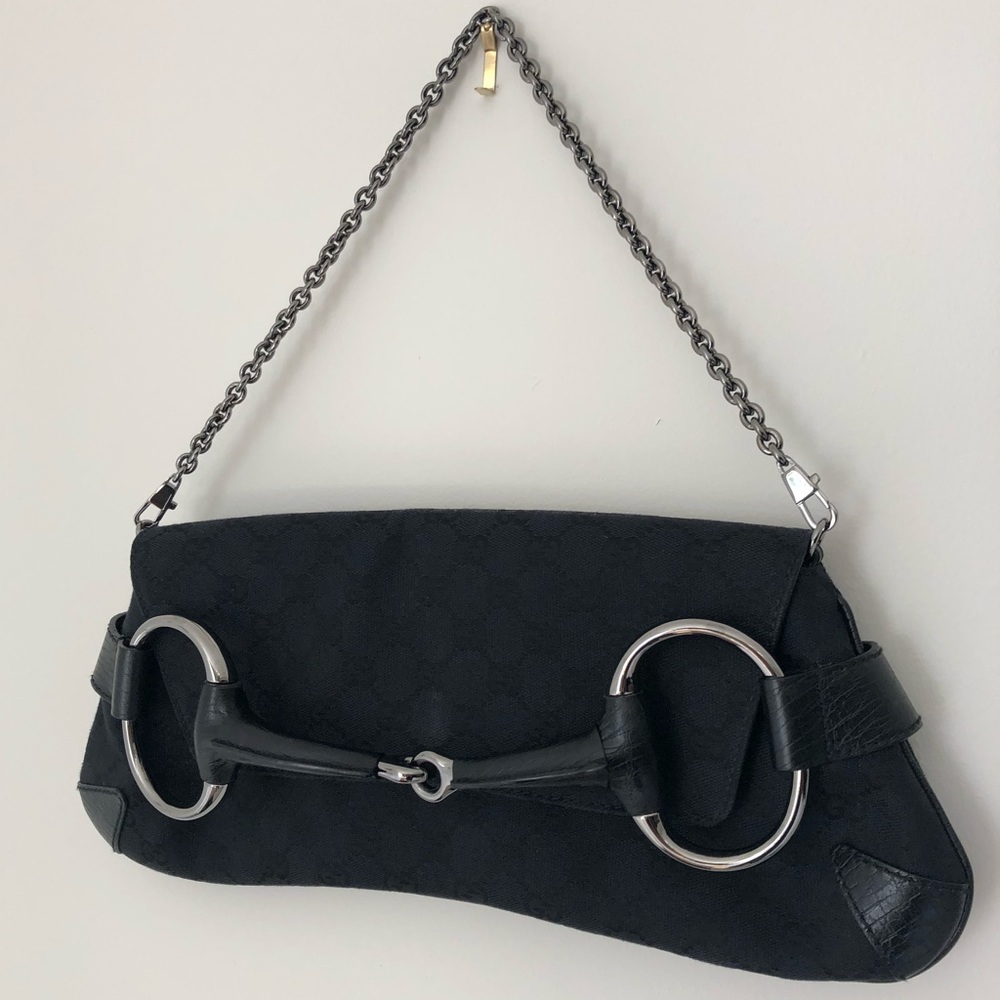 Gucci Black Monogram Horse Bit Silver Chain Purse - Picture 4 of 8
